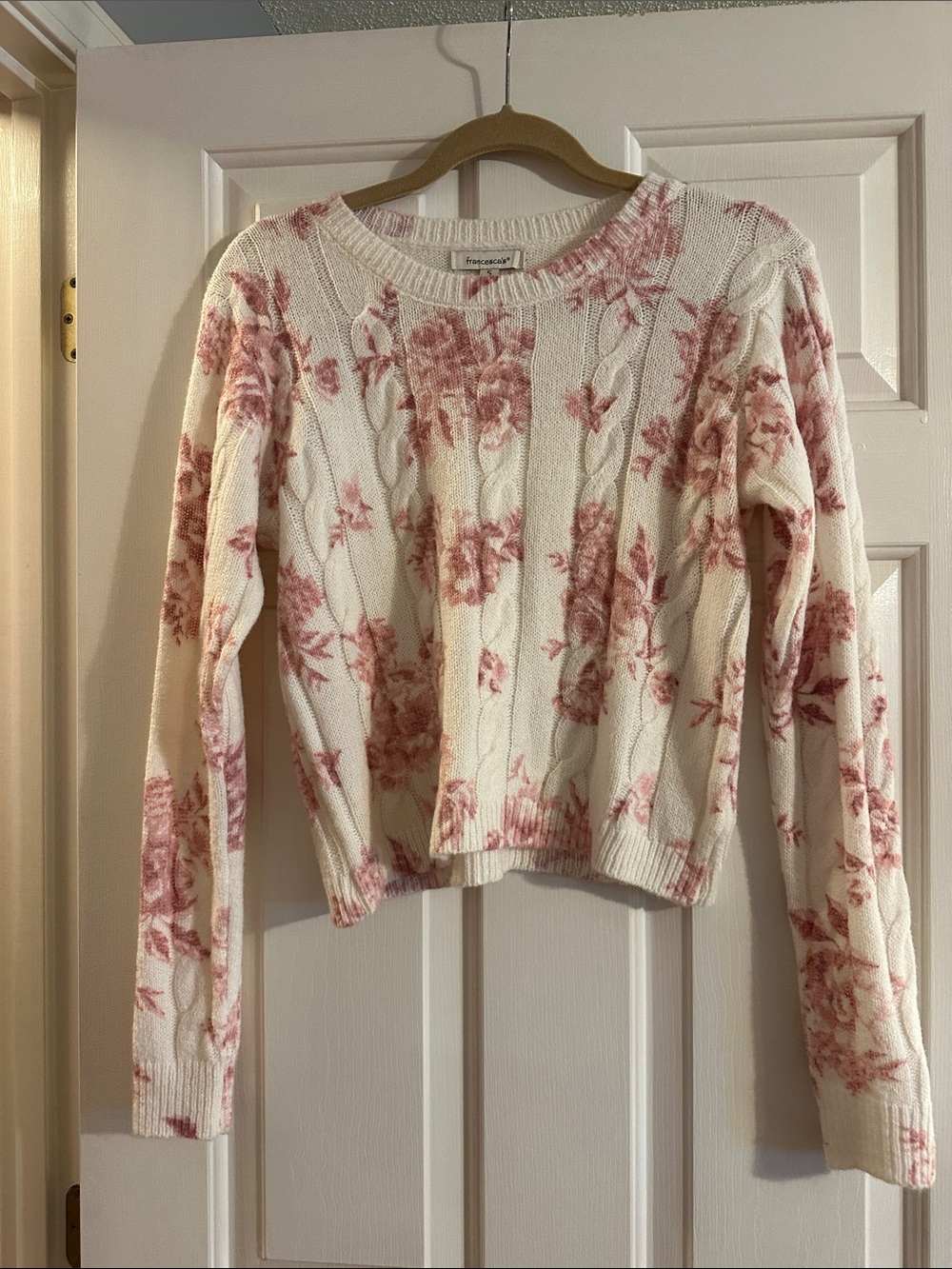 Francesca's Collections Cream Crewneck Sweater with Dusty Rose Floral Print